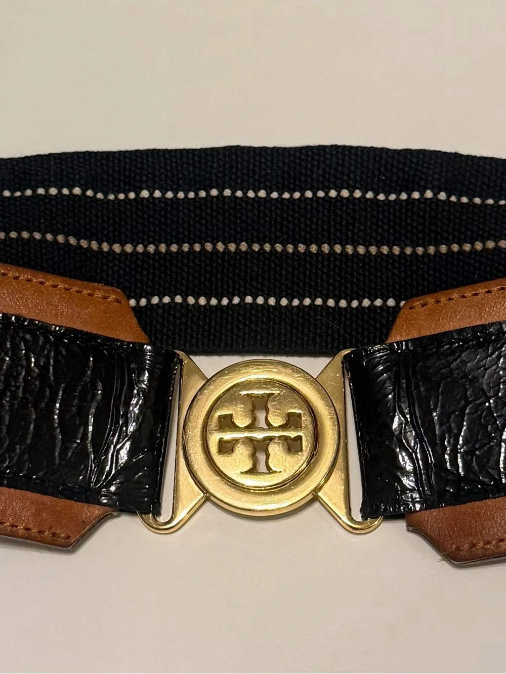 Tory Burch Black Strap with Gold Logo Buckle Belt